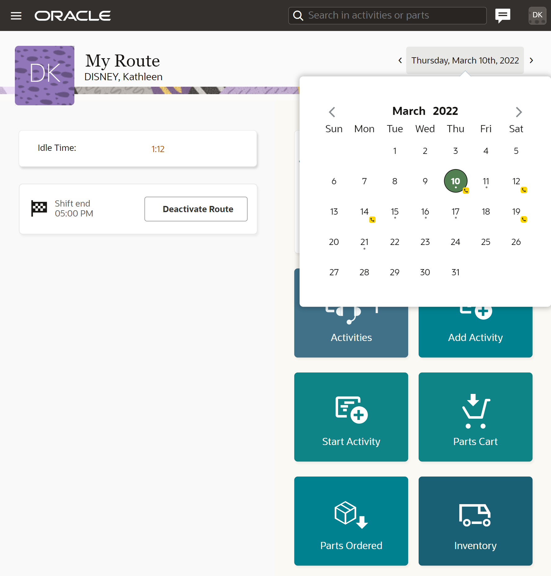 This screenshot shows the Deactivate Route tile, which shows the end of shift details.