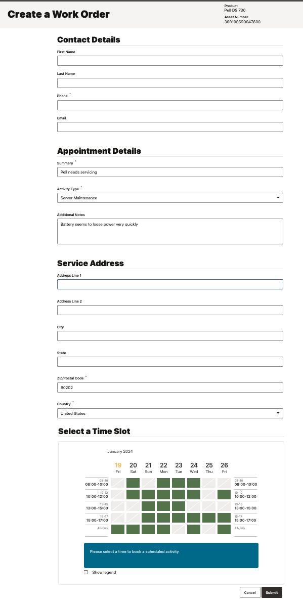 Image of the create Work Order component that allows to enter contact and appointment details, service address and select the preferred time slot
