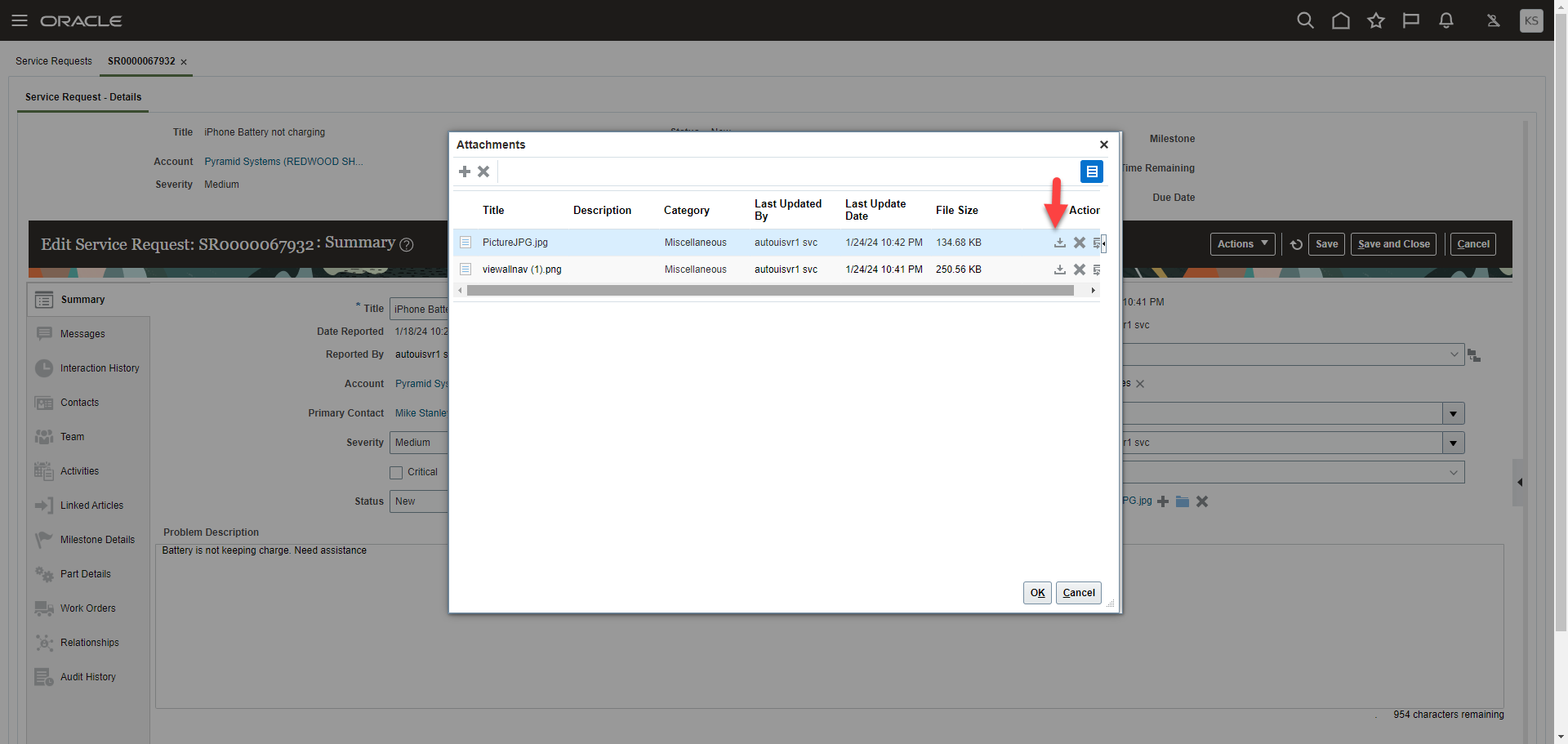 Attachment Summary folder with Download Icon