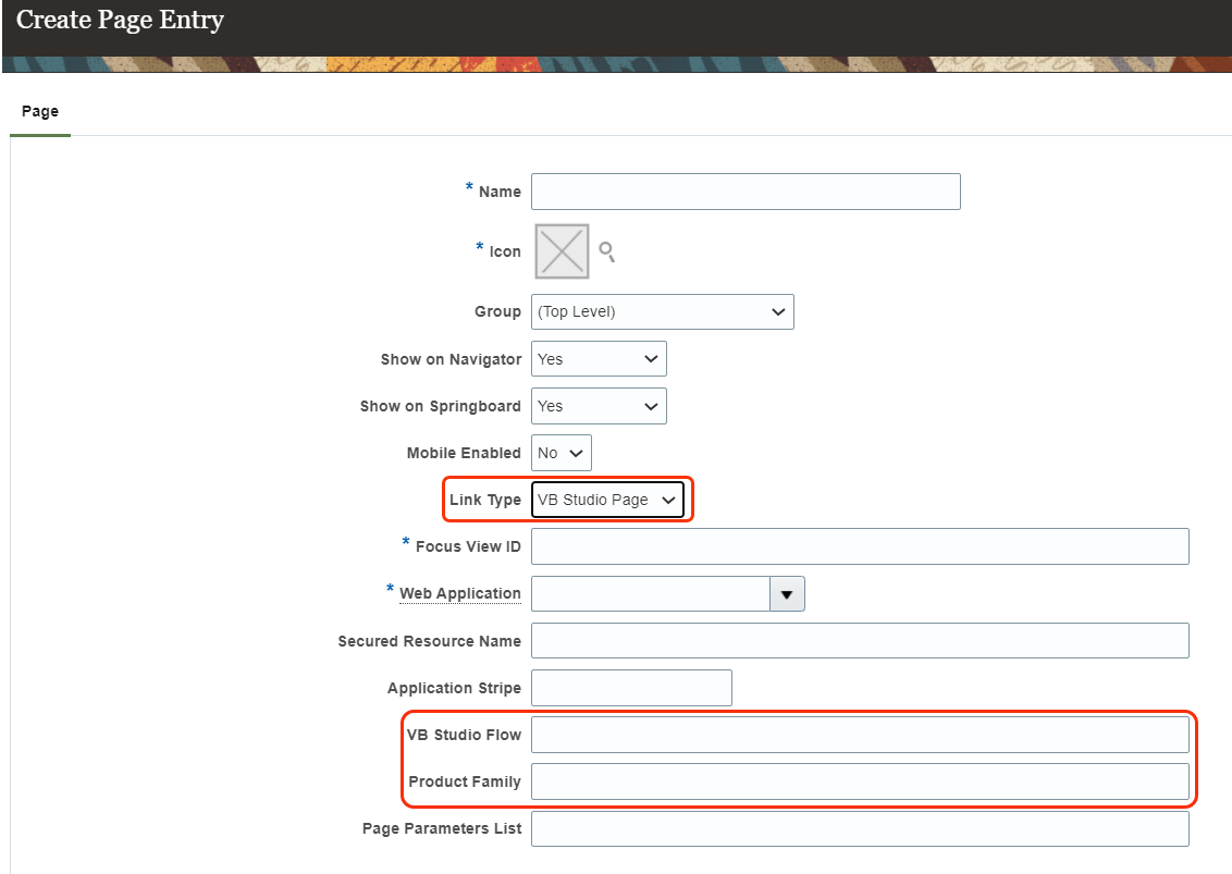 Create Page Entry page of the Structure UI showing fields you can specify to link a page entry to a Visual Builder Studio page