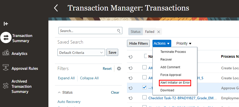 The image shows the Alert Initiator on Error action on the Transaction Summary tab of the Transaction Console.