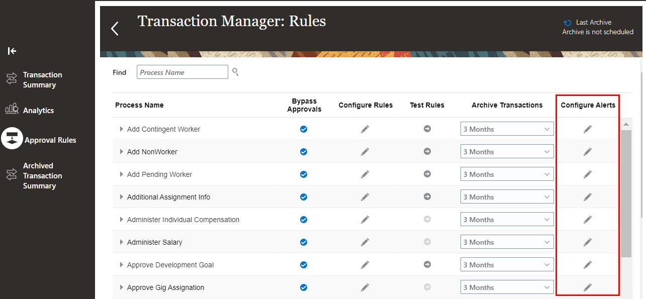 The image shows some approval rules on the Approval Rules tab of the Transaction Console. The Configure Alerts column is highlighted..