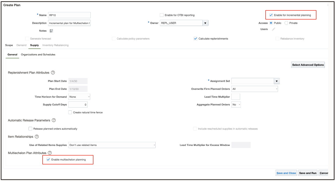 To enable incremental planning for multiechelon replenishment plans, you must select the plan options shown in this example