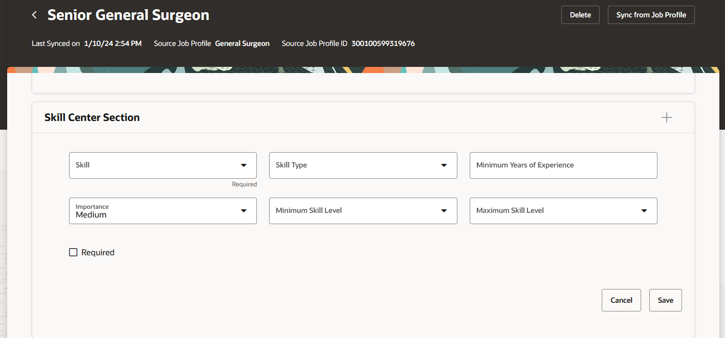 Skills Center Section in Position Profile