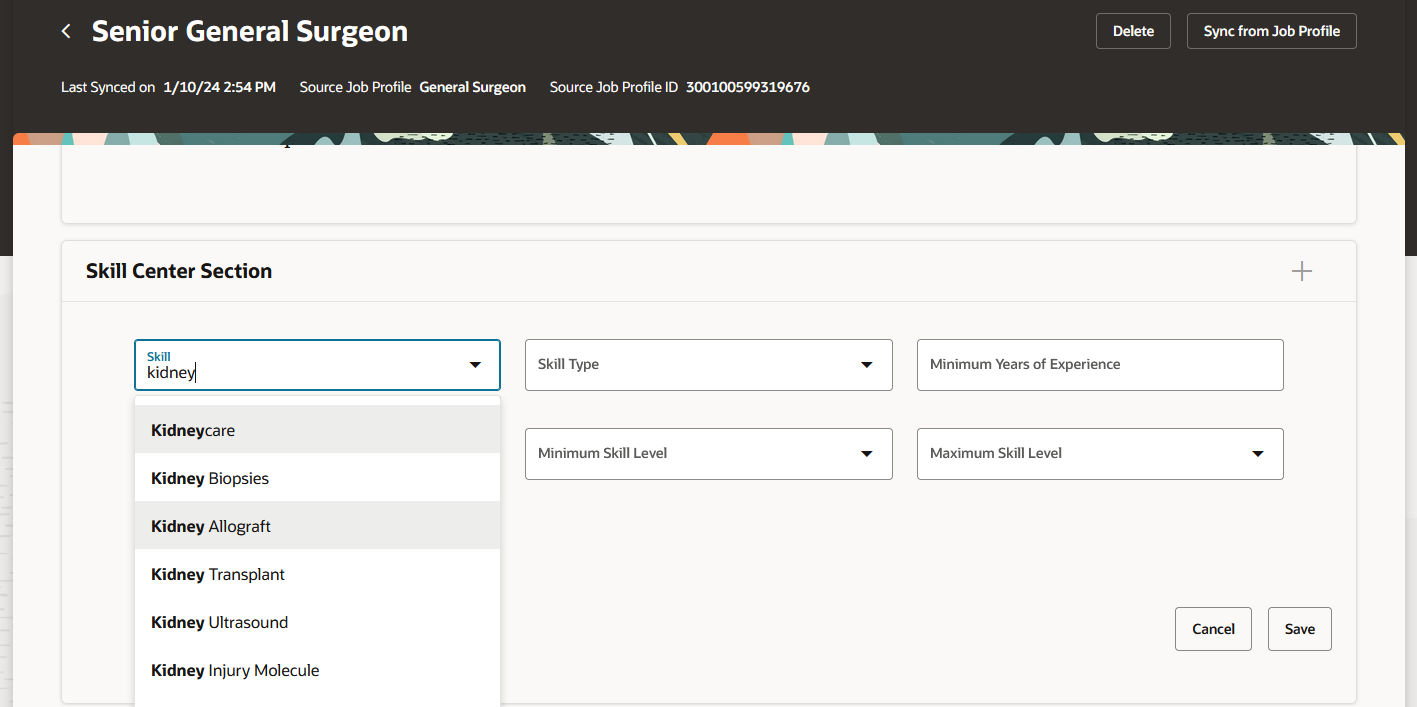 Skills Center Section in Position Profile
