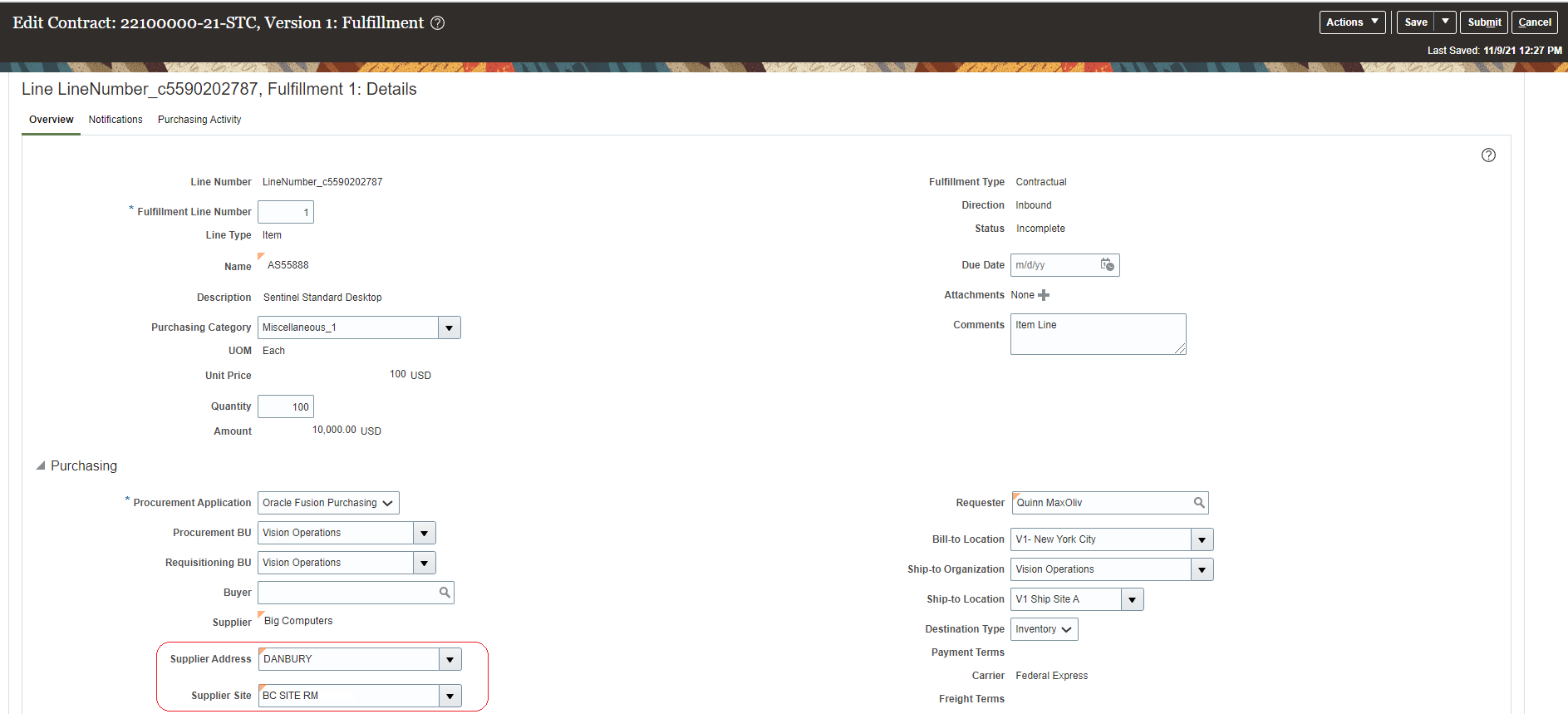 Supplier Address and Supplier Text in Fulfillment Line