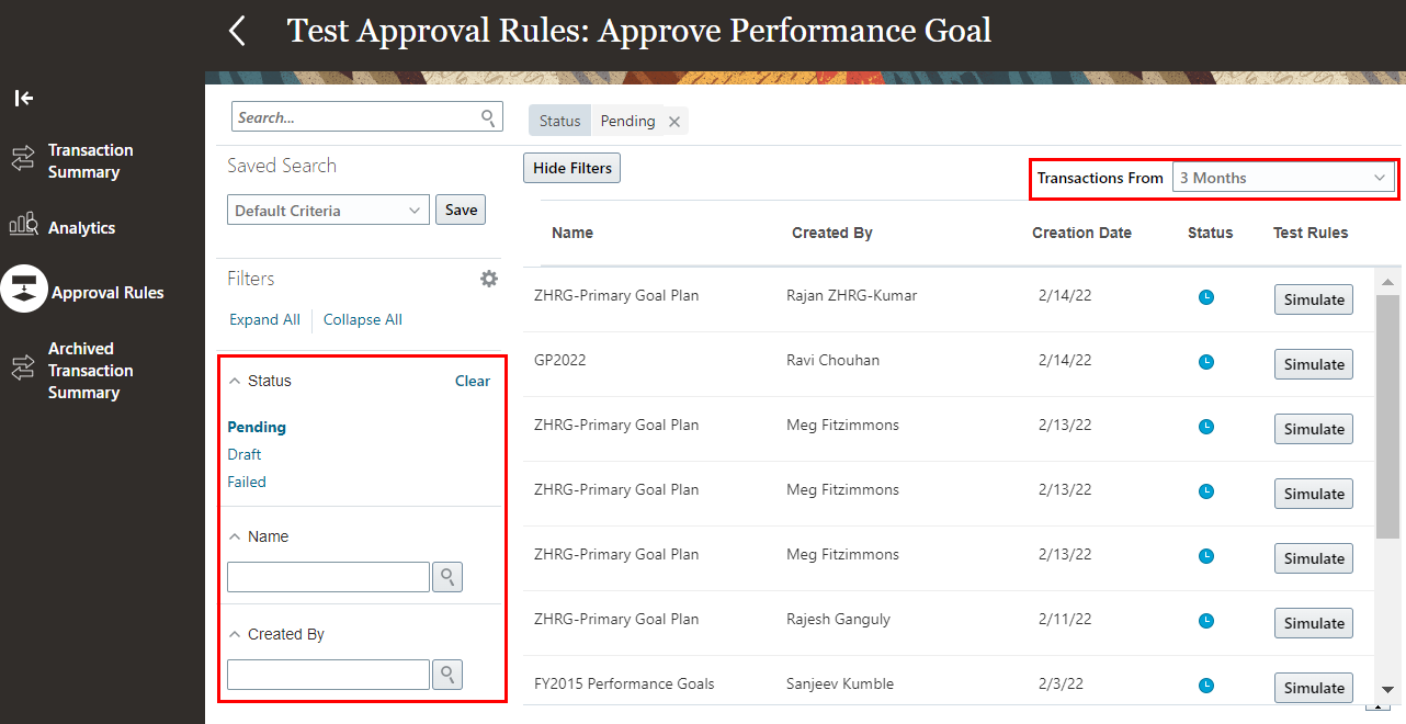 The image shows the faceted filters on the Test Approval Rules page. The Pending status and Transactions From 3 months filters are applied.