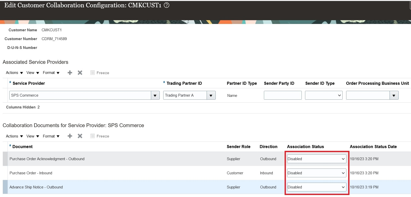 Screen capture that shows how to associate a customer with a trading partner.