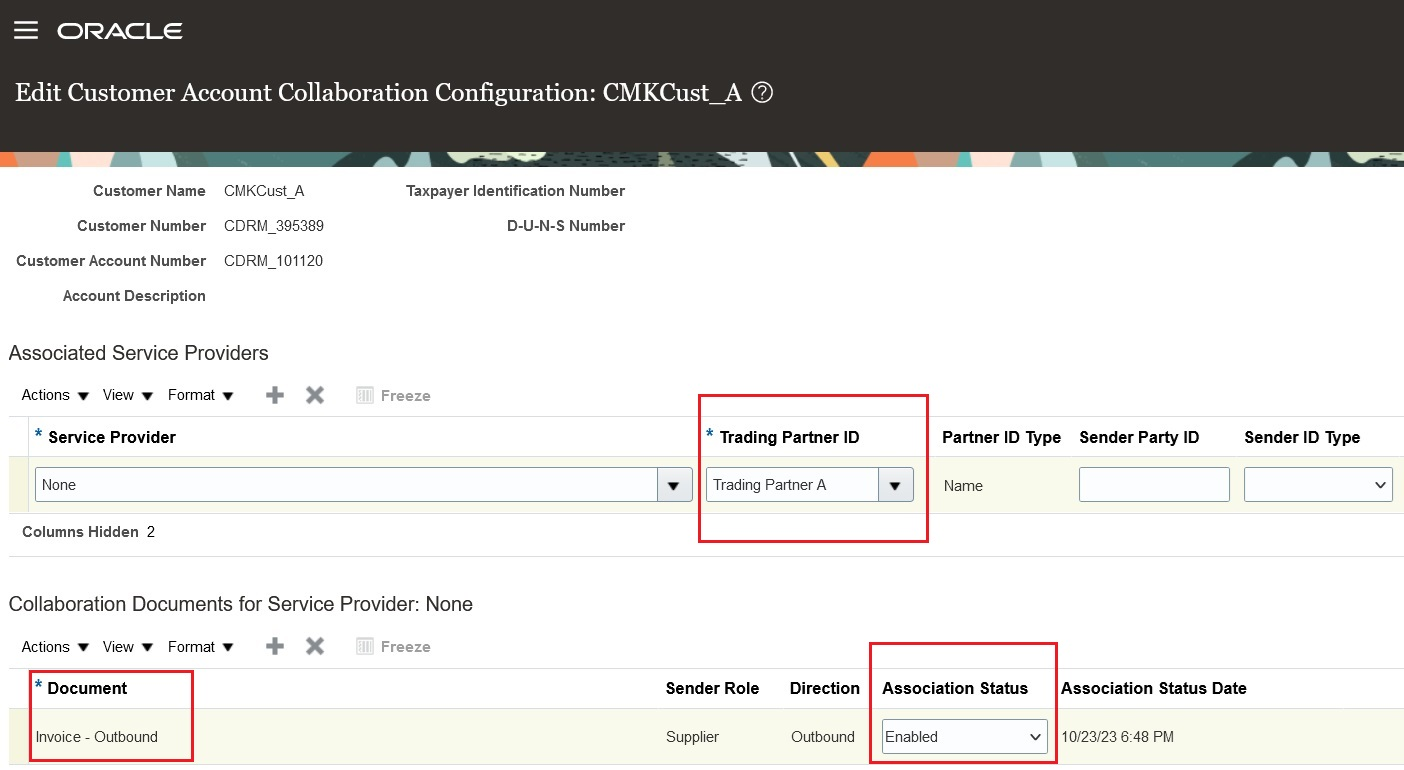 Screen capture that shows how to associate a customer account with a trading partner.