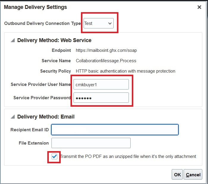 Screen capture that shows how to manage delivery settings of the new service provider.
