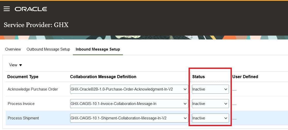Screen capture that shows the inbound message setup for the service provider.