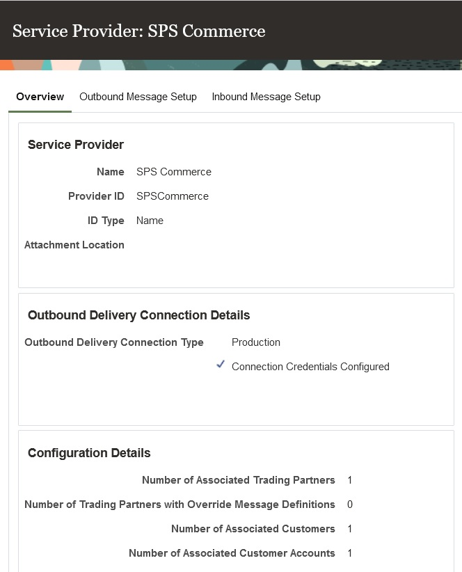 Screen capture that shows an overview of the SPS Commerce service provider.