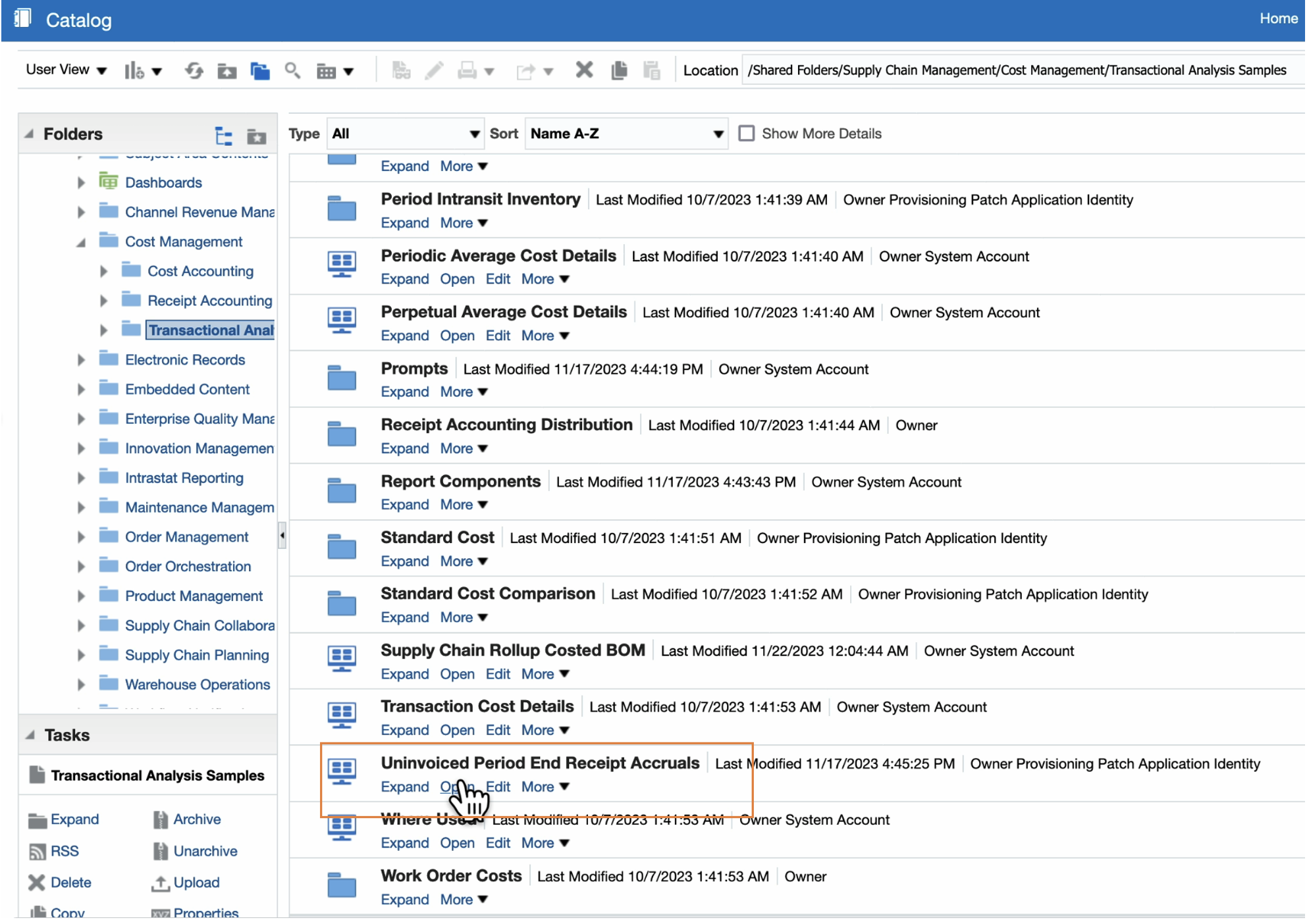 UI displaying the location to access the Uninvoiced Period End Receipt Accruals Report.