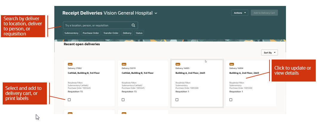 Receipt Deliveries page