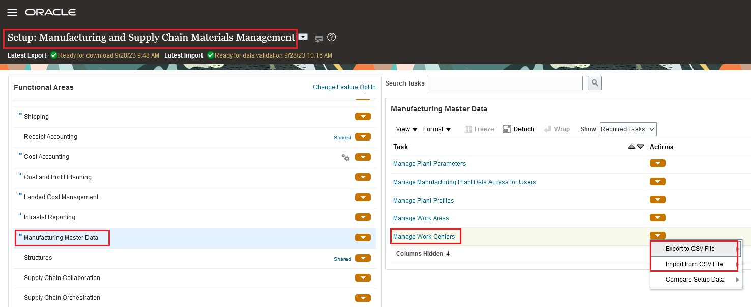 Manage Work Centers - Functional Setup Manager (FSM) Export Import