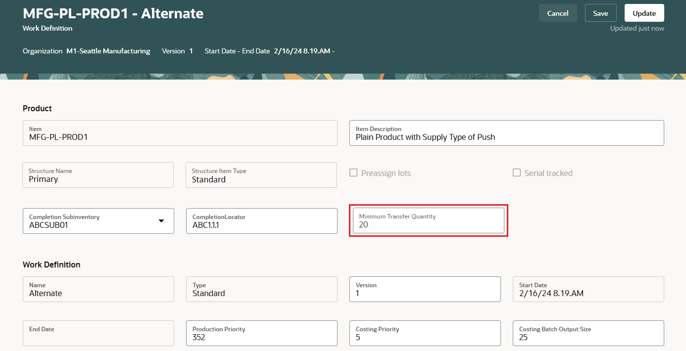 Work definition using Redwood user experience - Minimum Transfer Quantity