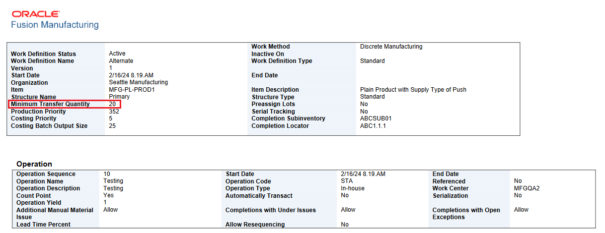 Work Definition Report - Minimum Transfer Quantity