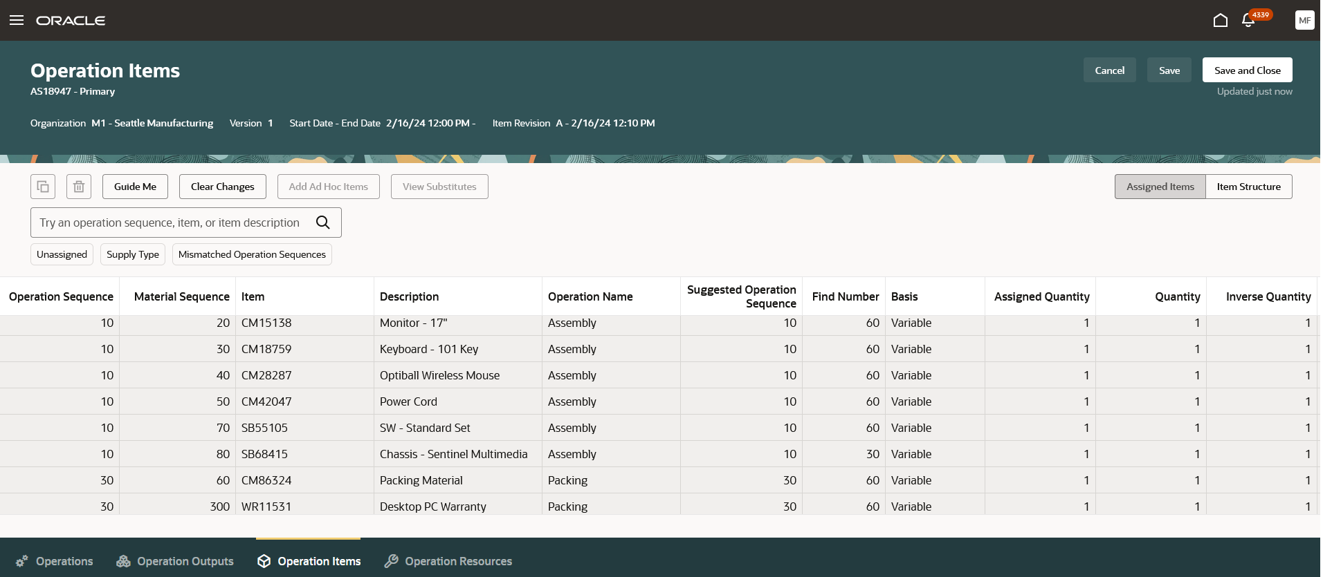 Item Structure view displaying the suggested operation sequence used as a basis to automatically assign item structure components