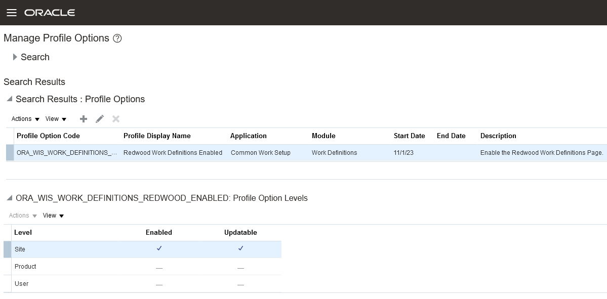 Profile Option for accessing Work Definitions in Redwood Experience