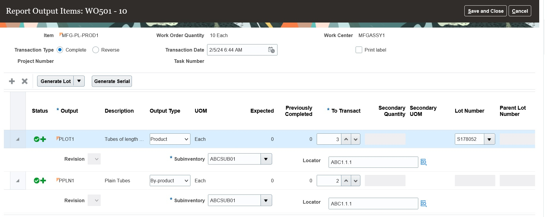 Reporting ad hoc output at a discrete work order operation from  "Report Ouput Items" UI