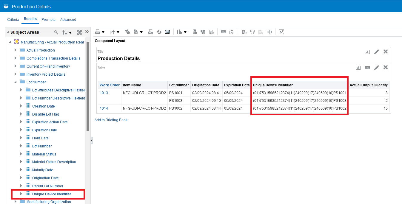 Unique Device Identifier attribute in Manufacturing - Actual Production Real Time subject area