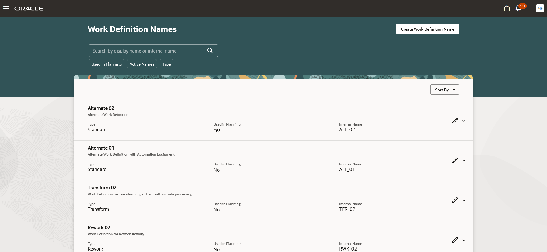 Search and Filter page for Work Definition Names