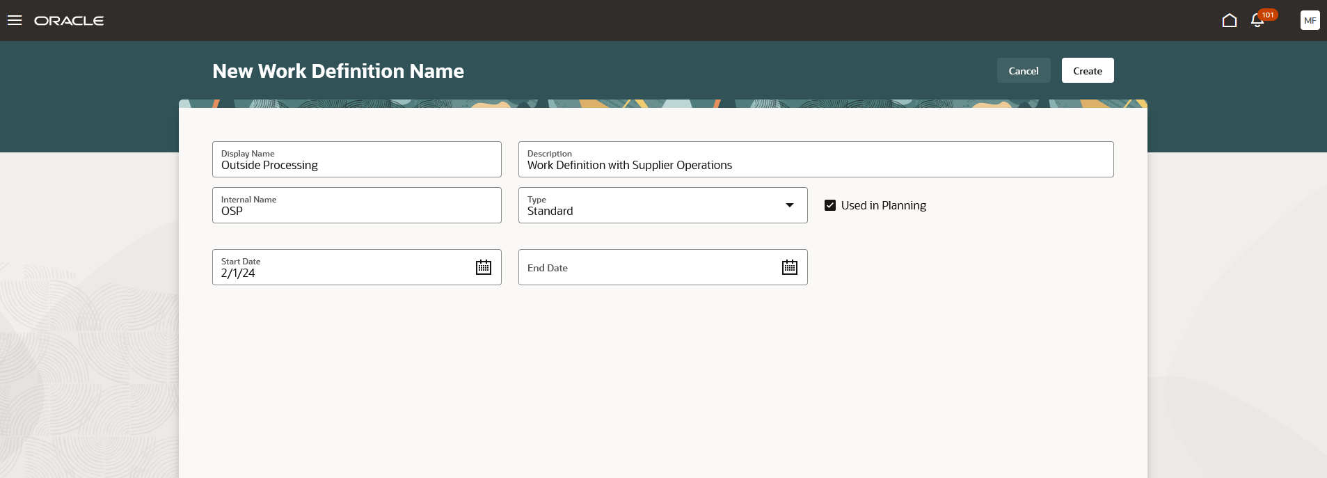 Create Work Definition Name page