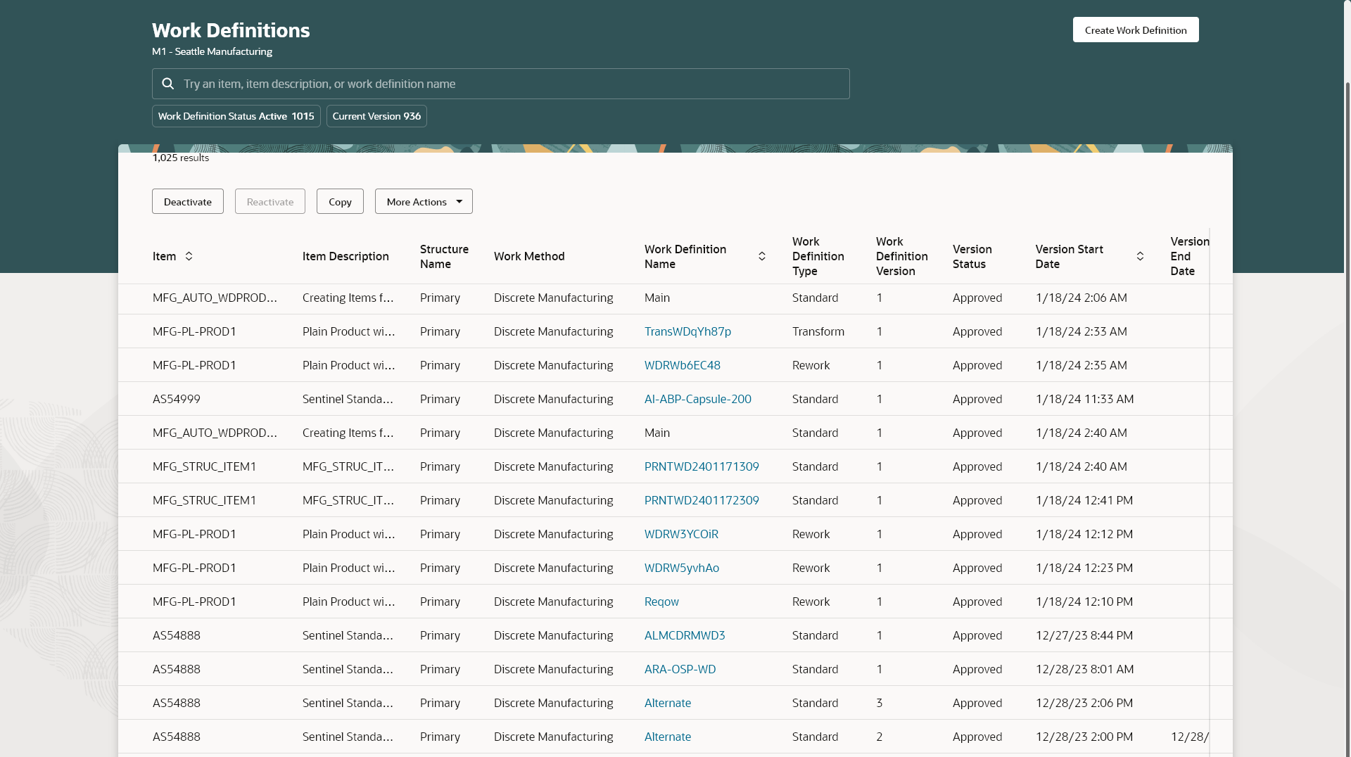 Manage Work Definition page