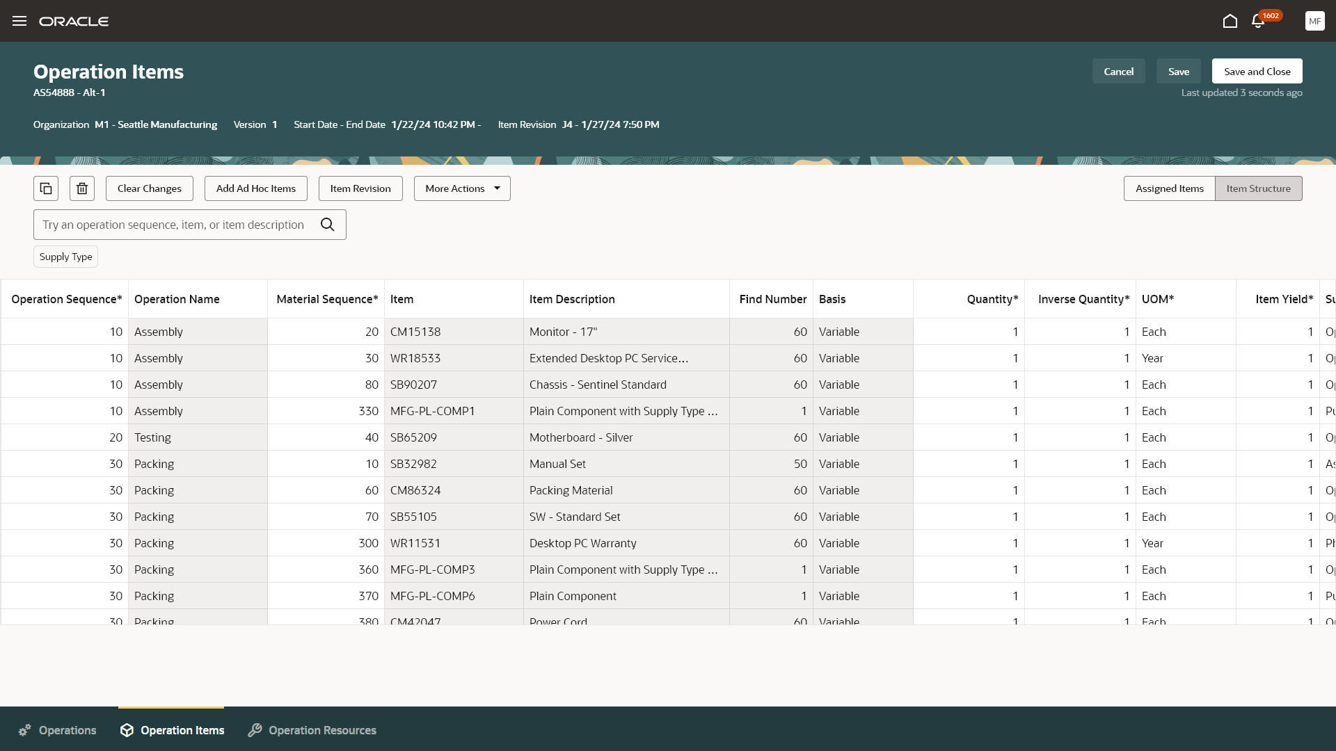 Work Definition Operation Items (Assigned Items)