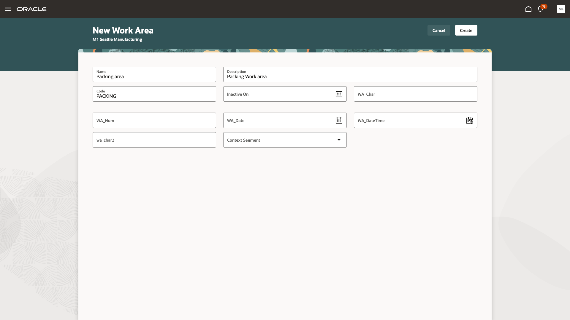 Create/Edit Work Area page