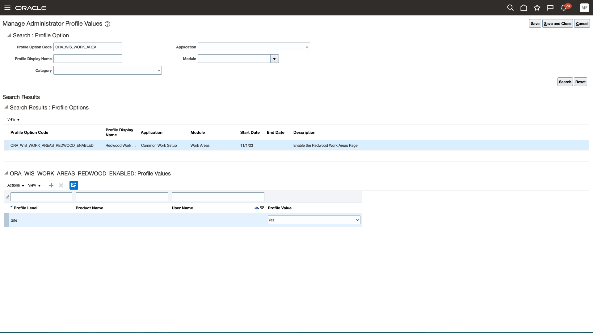 Profile Option for Accessing Work Areas in Redwood