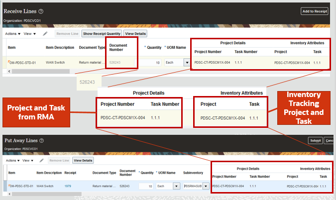 Receive and Put Away RMA in a Project-Tracked Inventory Organization