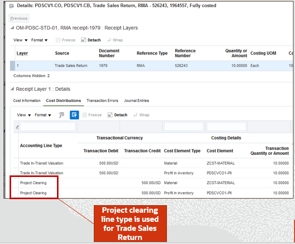 Project Clearing Accounting Line Type is Used for Trades Sales Return