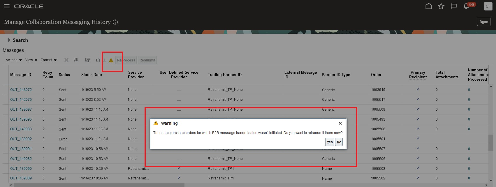 Retransmit Warning Icon and Message 