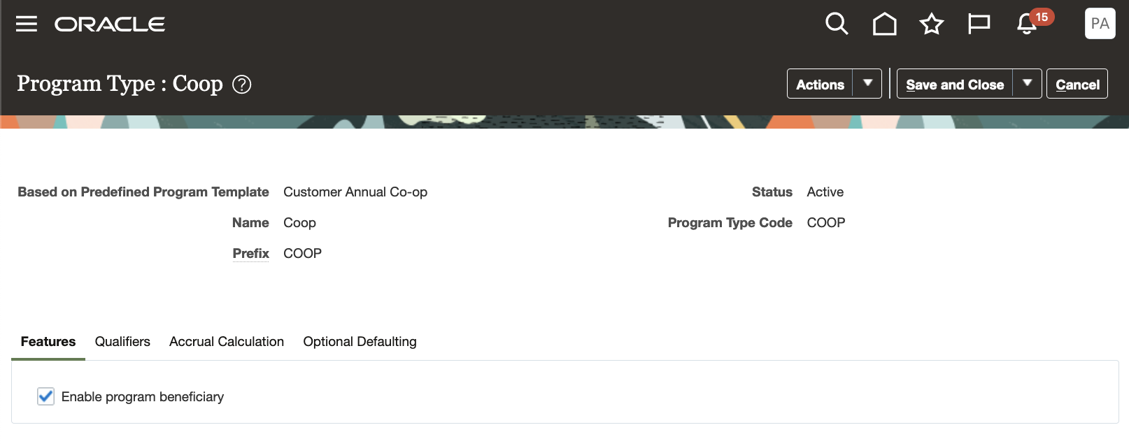 Features Tab of Co-op Program Type