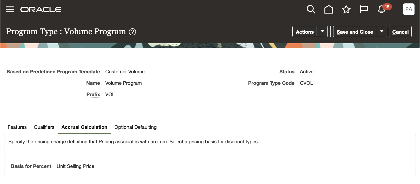 Accrual Calculation Tab of Volume Program Type