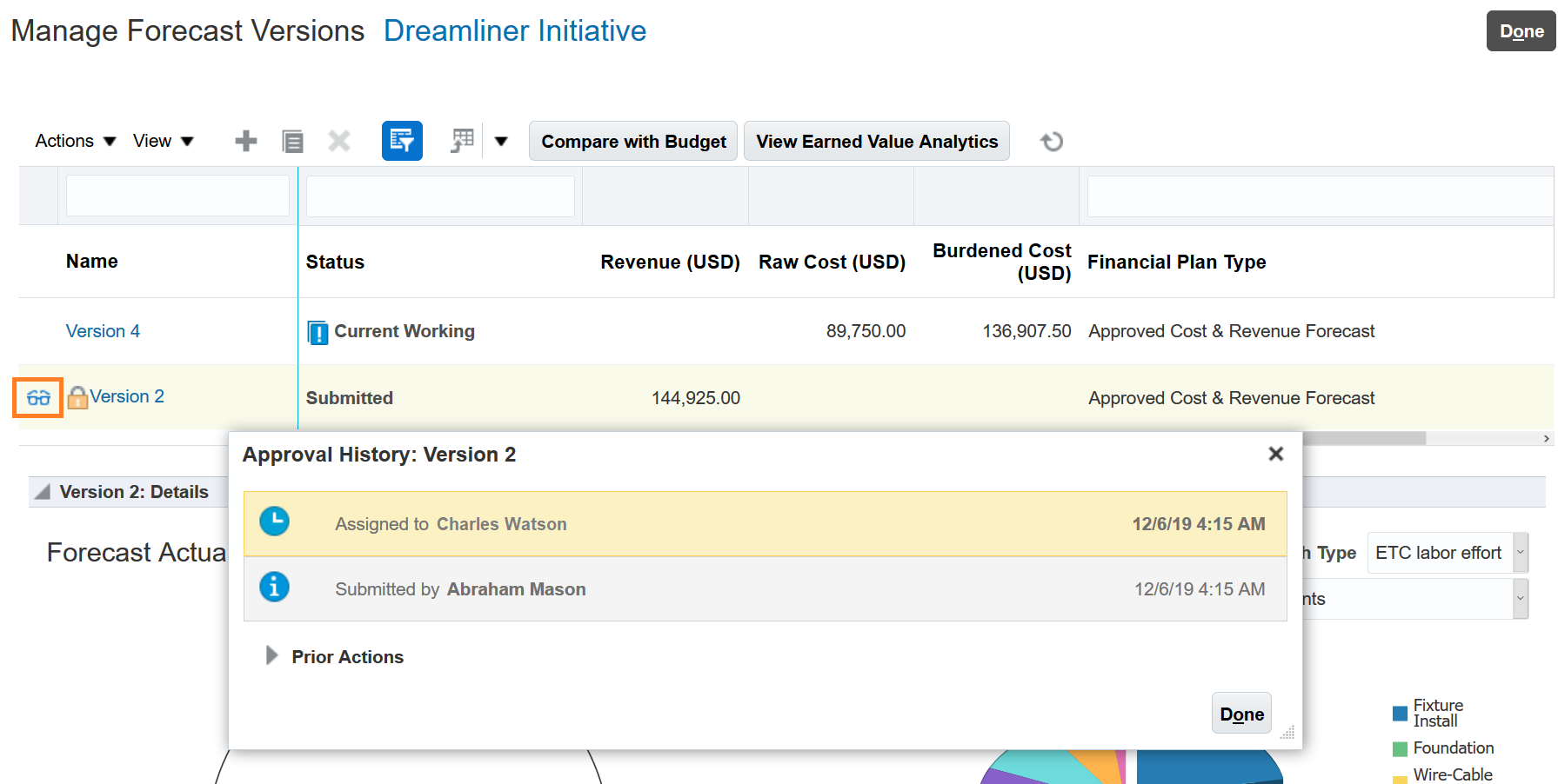 View Approval History Window on the Manage Forecast Versions Page