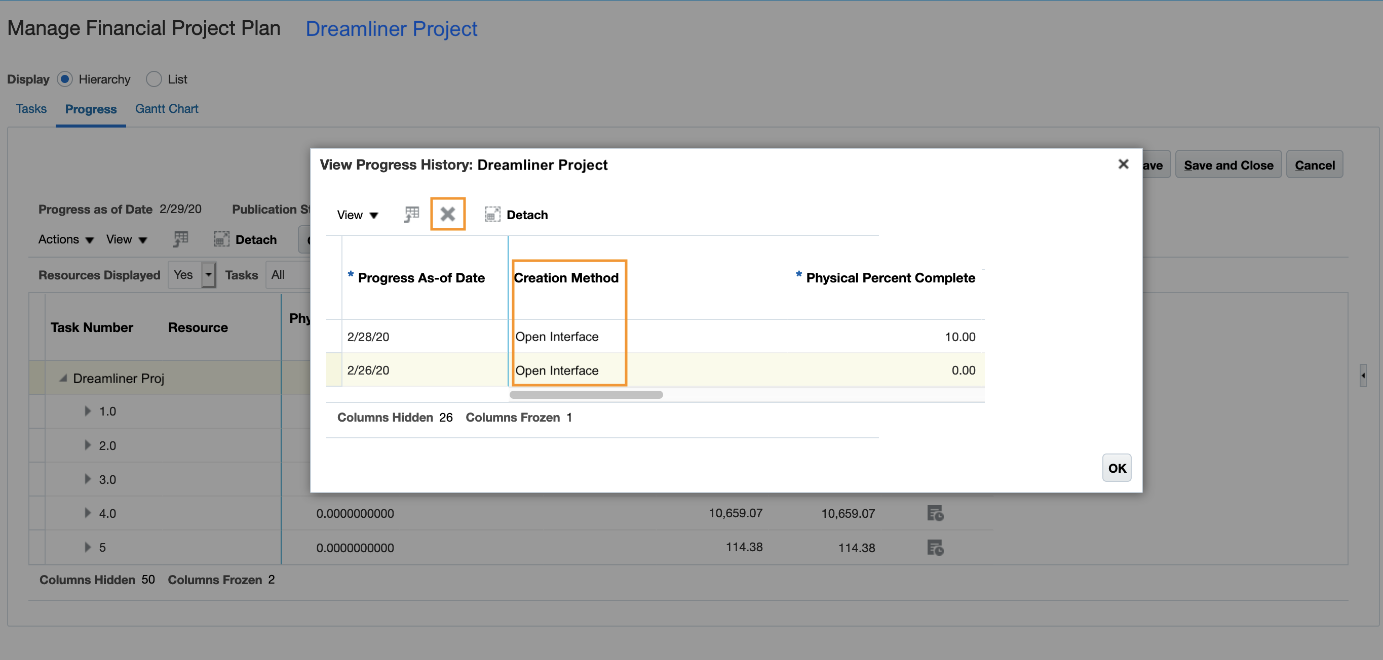 Delete Option on View Progress History Window