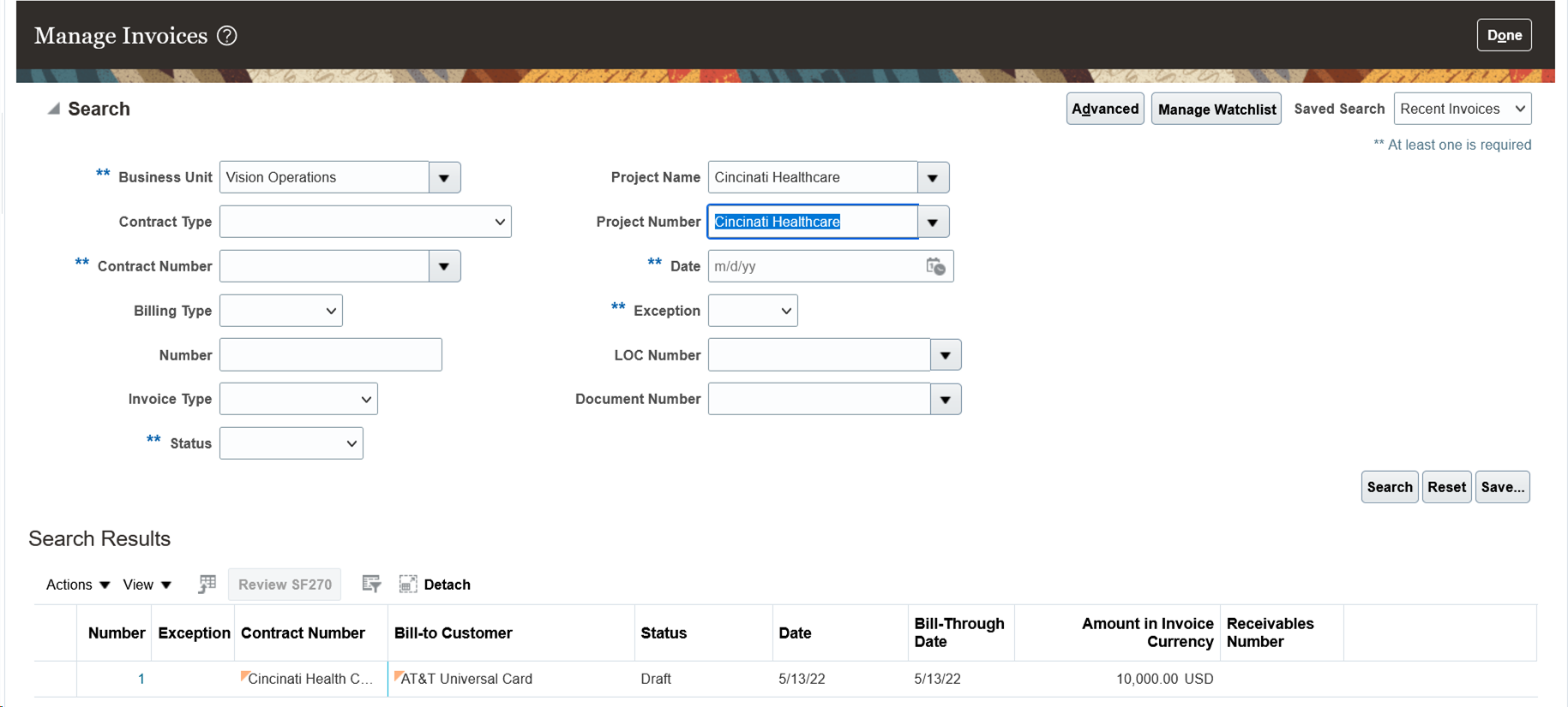 Project number search in Manage Invoices page.