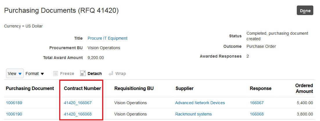 Contract column in view purchasing documents page