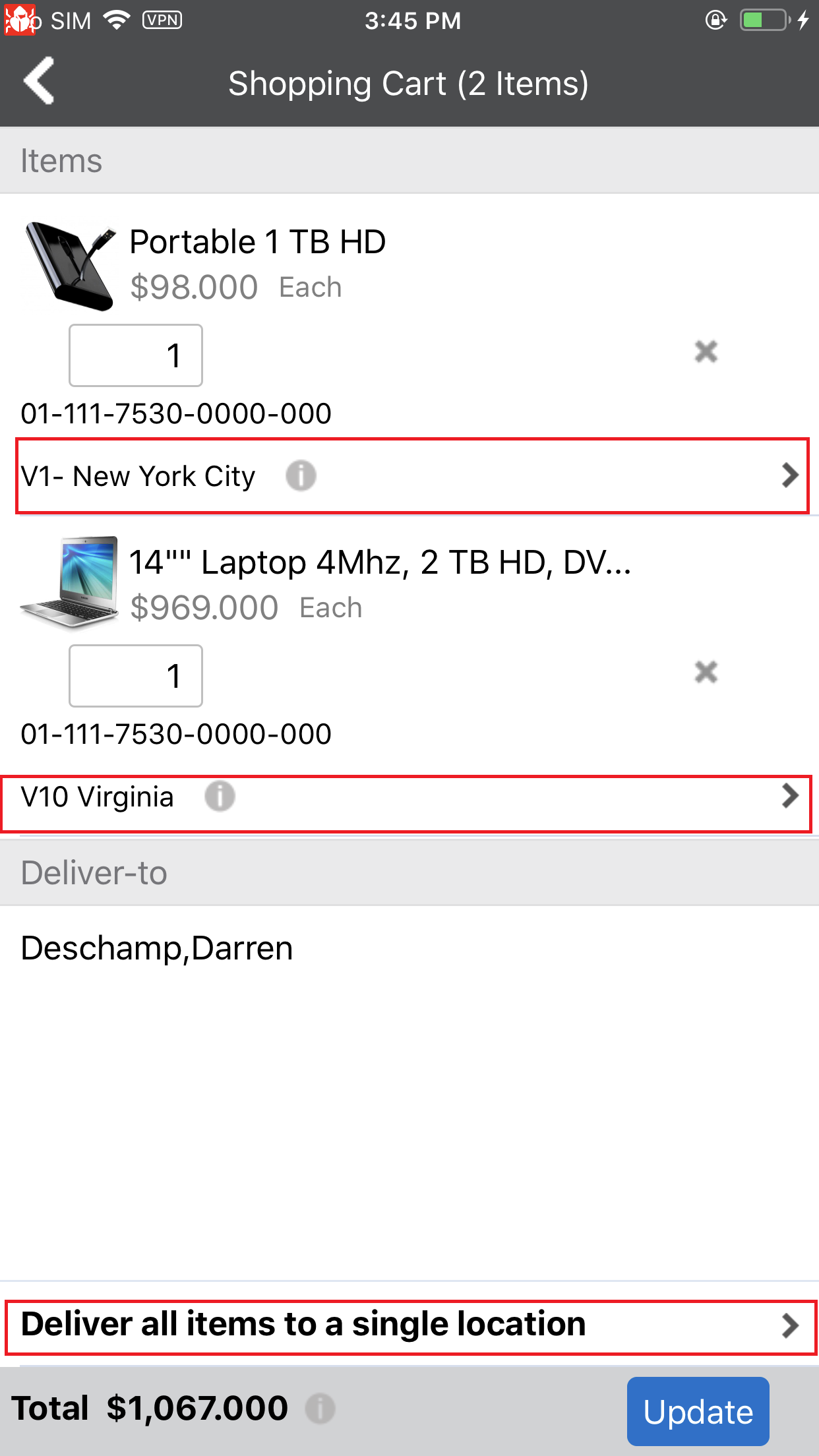 Cart Items with Delivery Location