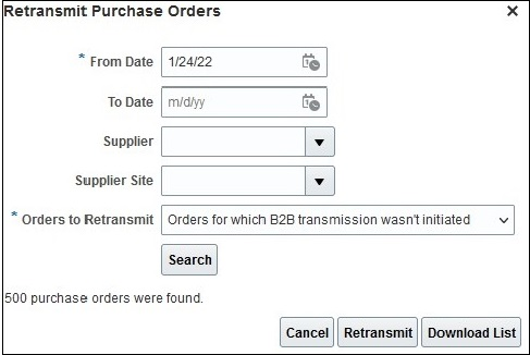 Retransmit Purchase Orders Dialog Box