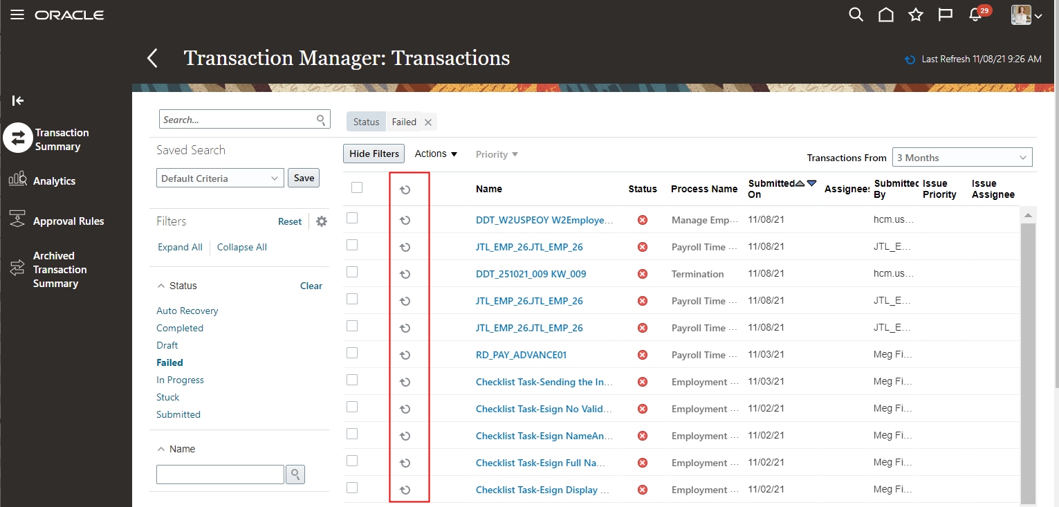 This image shows the Transaction Summary tab. The refresh icon column is part of the table that lists the approval transactions..