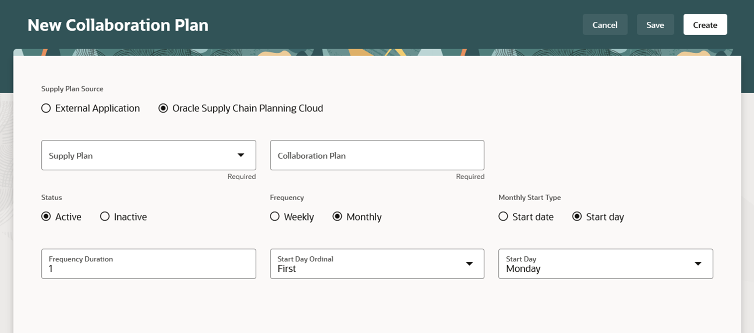 Page to create a new collaboration plan in the Redwood user experience