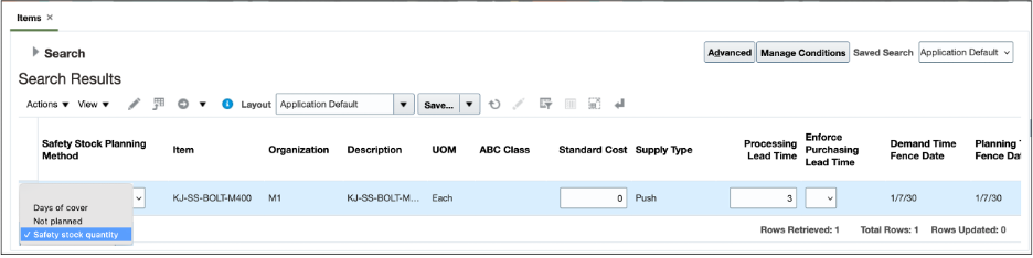 Safety Stock Planning Method in the Items table