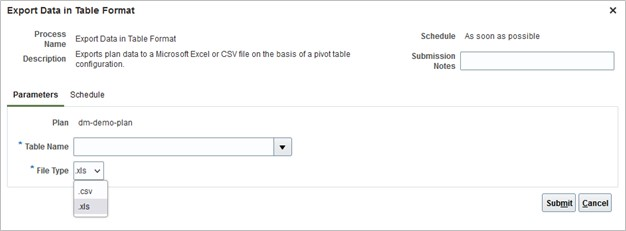 Export Data in Table Format page