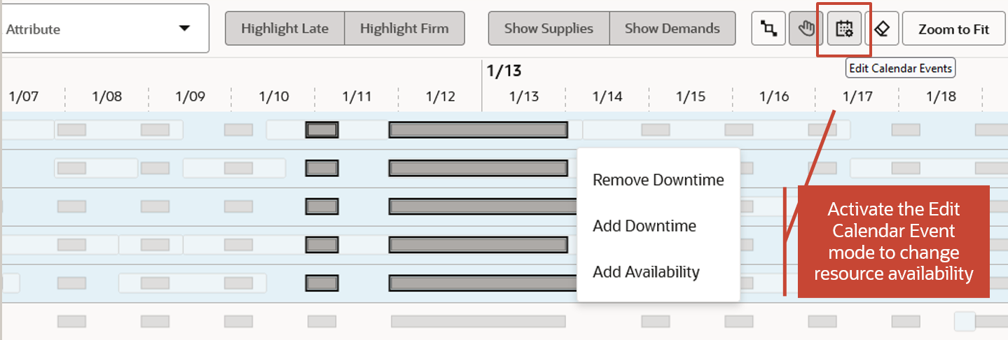 Activate edit calendar events mode to modify resource availability