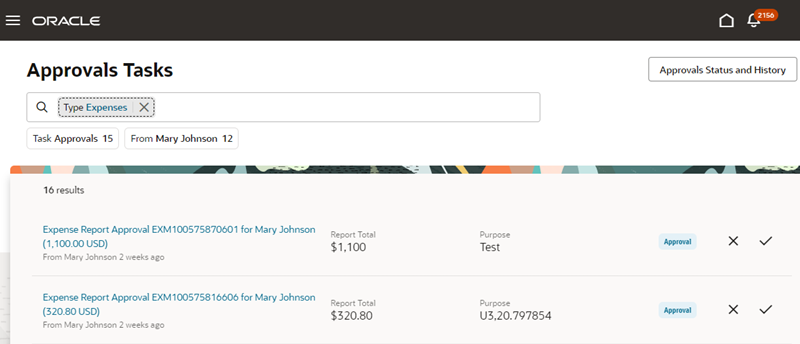 Approval tasks page in the Approvals work area