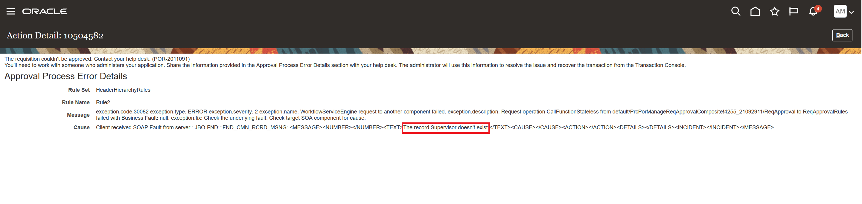 Example of Error when Manager is not available in the Supervisory Hierarchy