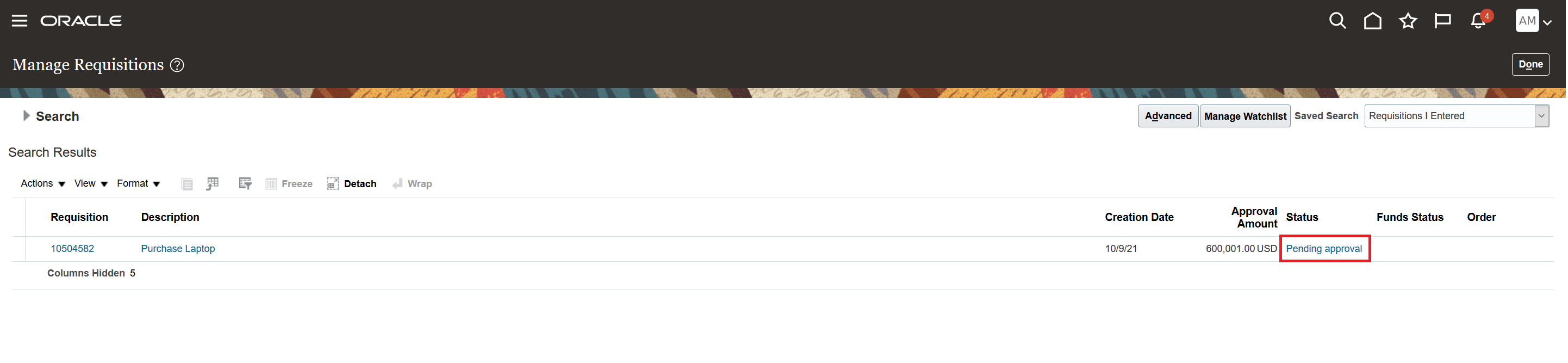 Requisitions that are in Pending Approval Status